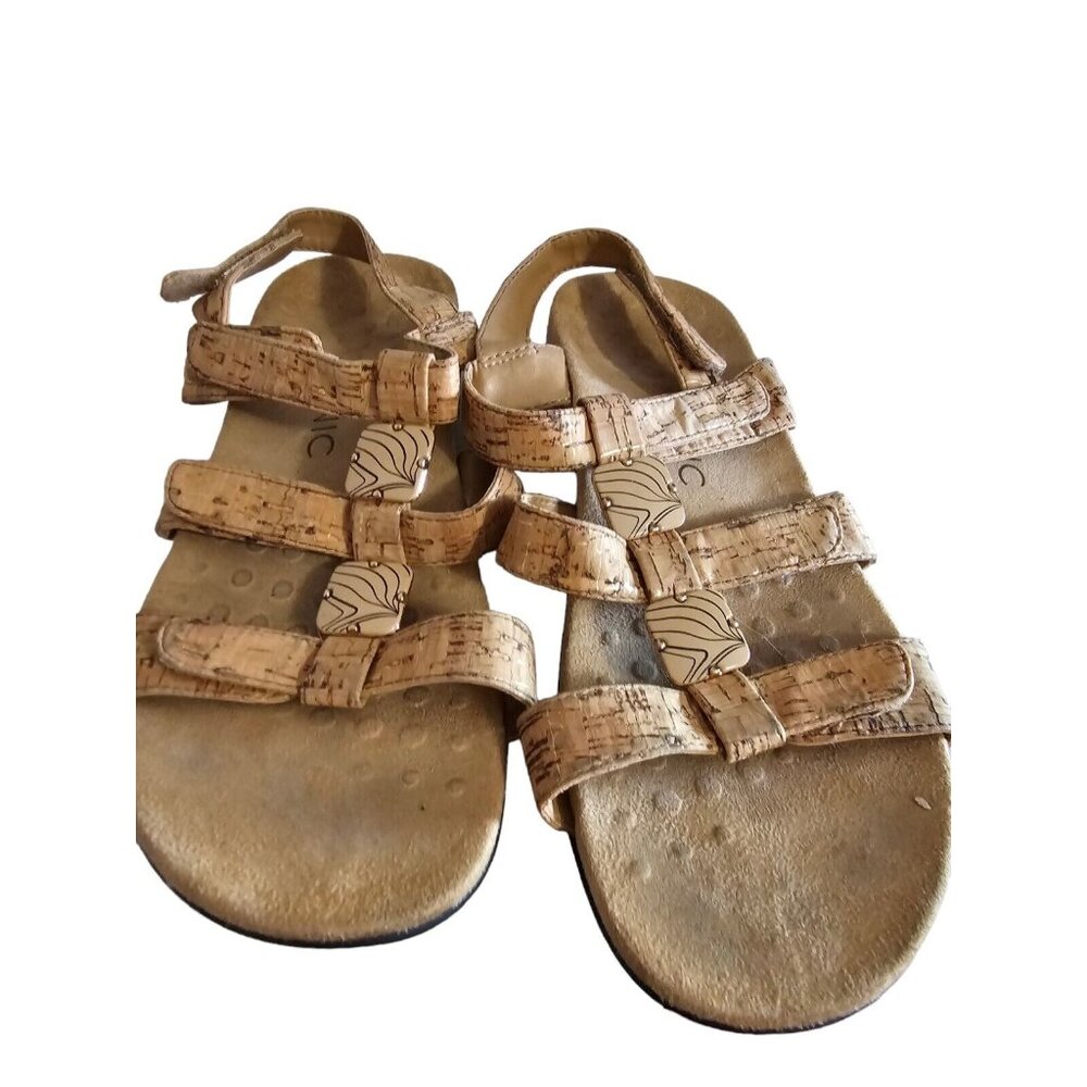 Vionic Sandals Womens 8 Amber Gold Cork Strappy Sling Back Brown Hook Loop